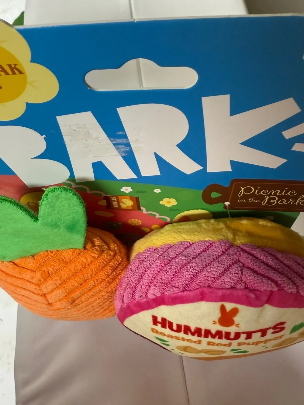 Bark Dog Chew Toy Squeaky Hummus Carrot Crinkle XS Small Med Pups Gift NWT